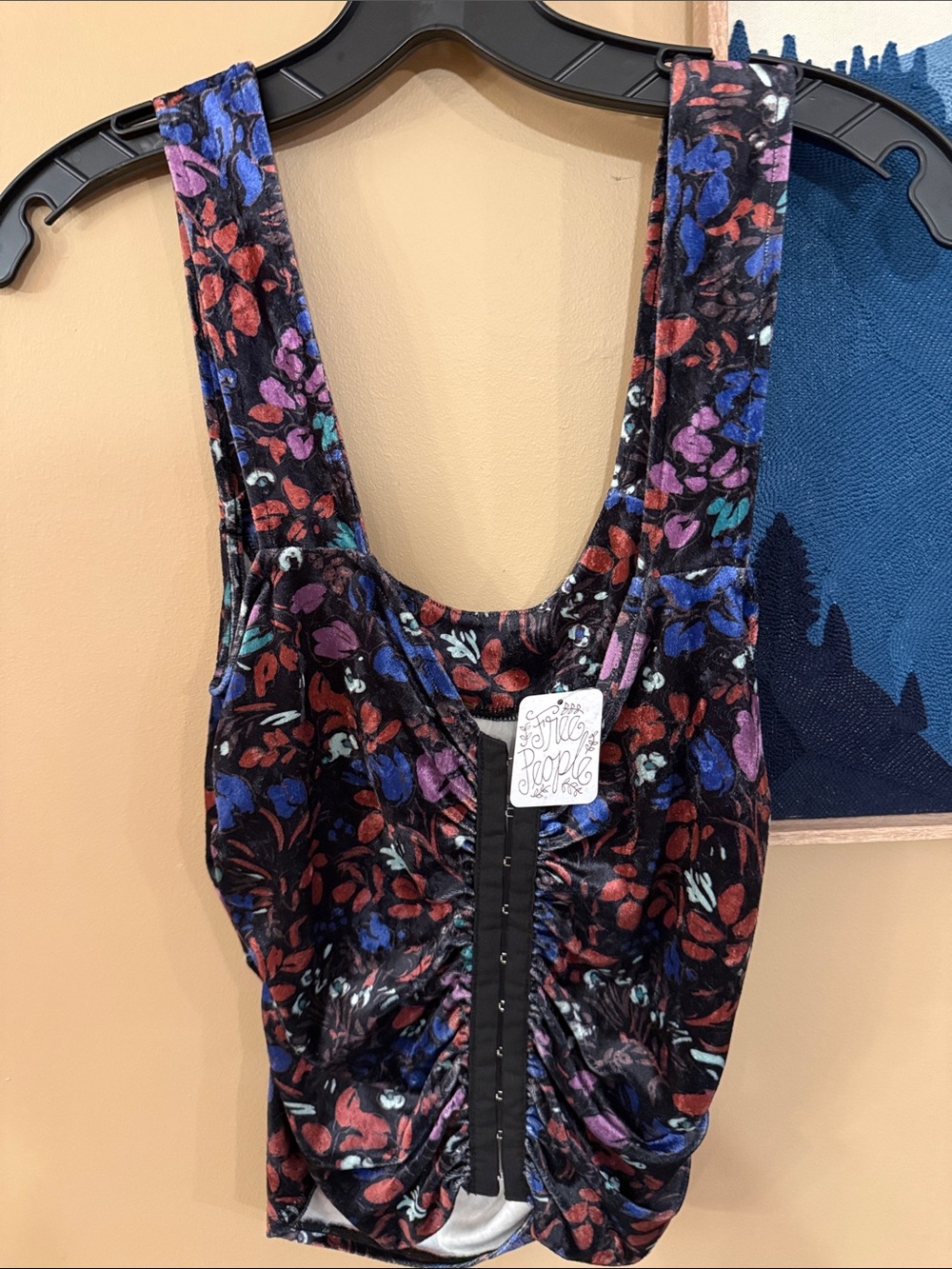 Free People new w/tags-Velvet Floral top in Black with Red & Blue Accents